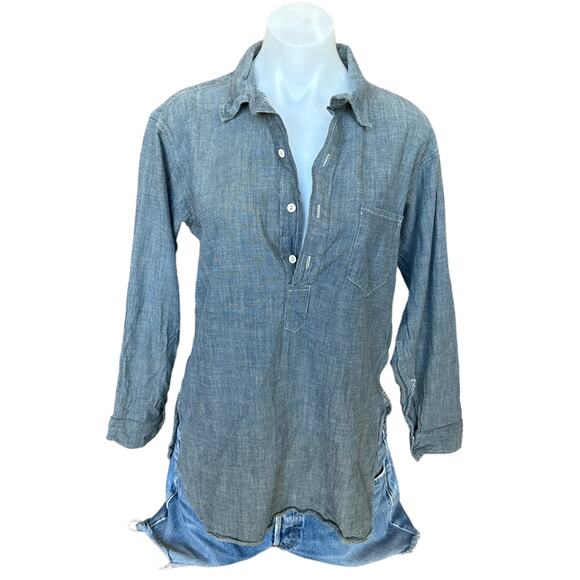 See the Magic Denim Tunic Shirt MEDIUM Overdye Oversize Unique Upcycled Chambray - Picture 5 of 9